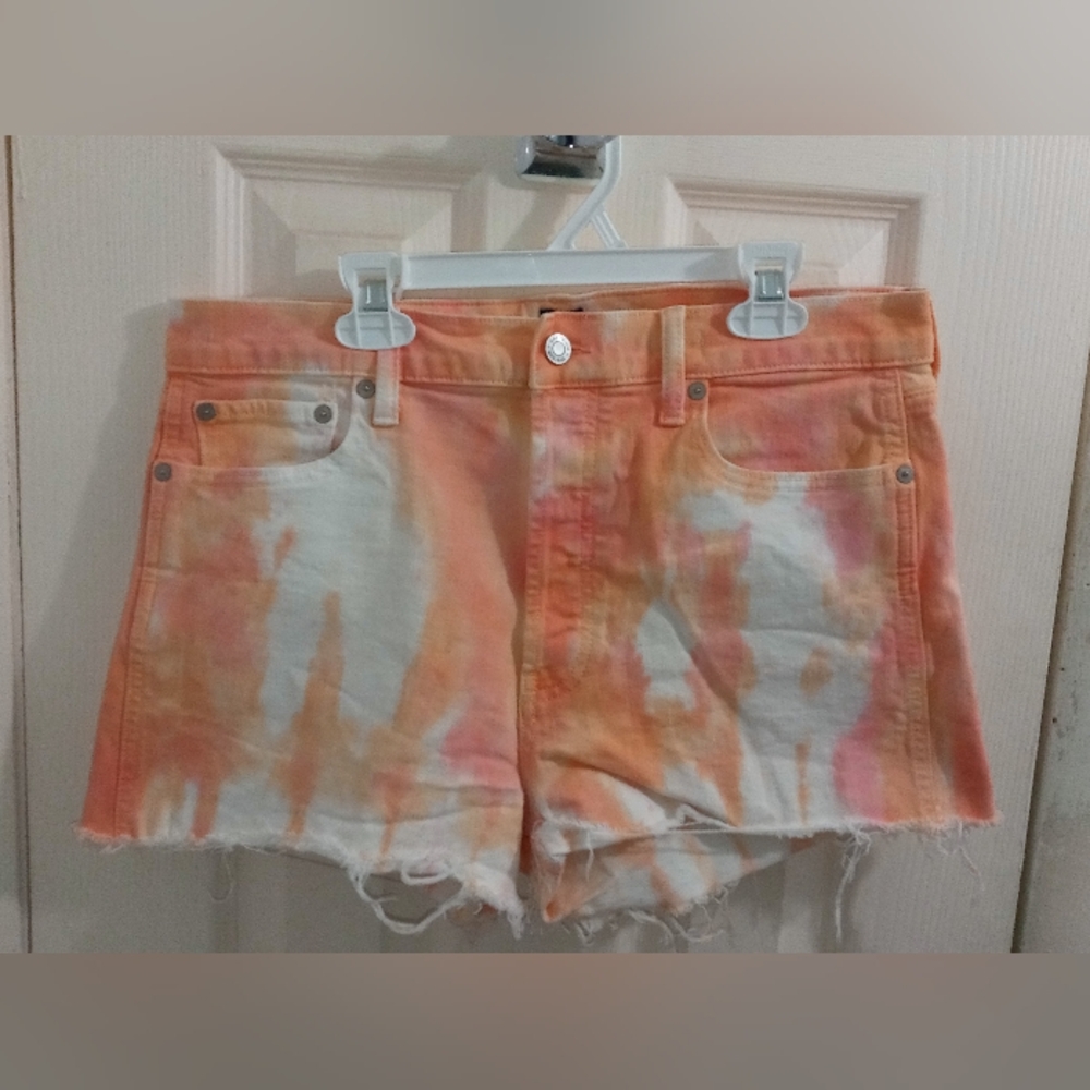 GAP Orange White Tye Dye Buttons Fly Jean Cheeky Frayed Hem Shorts Size 10/30